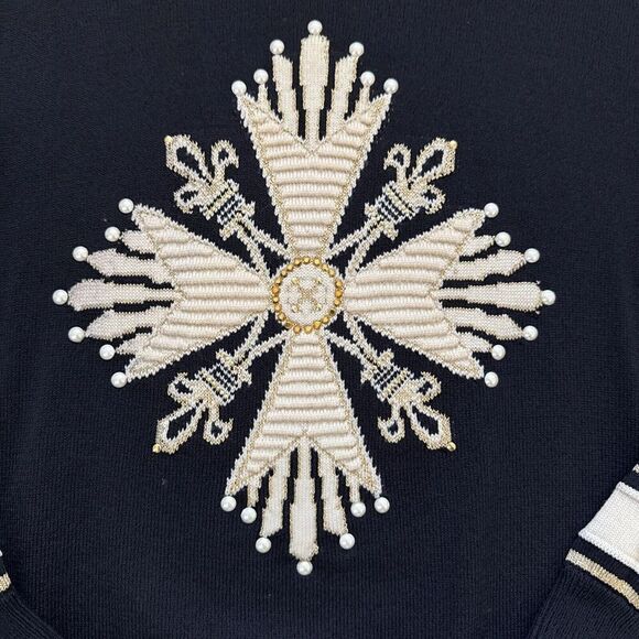 Vtntage St John Collection Marie Gray Knit Star Sweater Holiday Small Navy - Picture 2 of 6